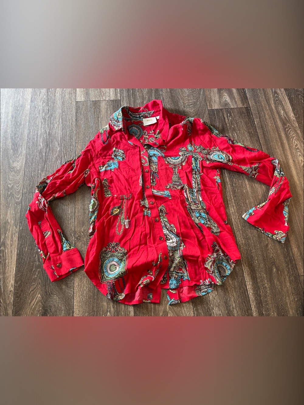 Maeve by Anthropologie Whimsy Antique Clock Red Button Down Blouse 10